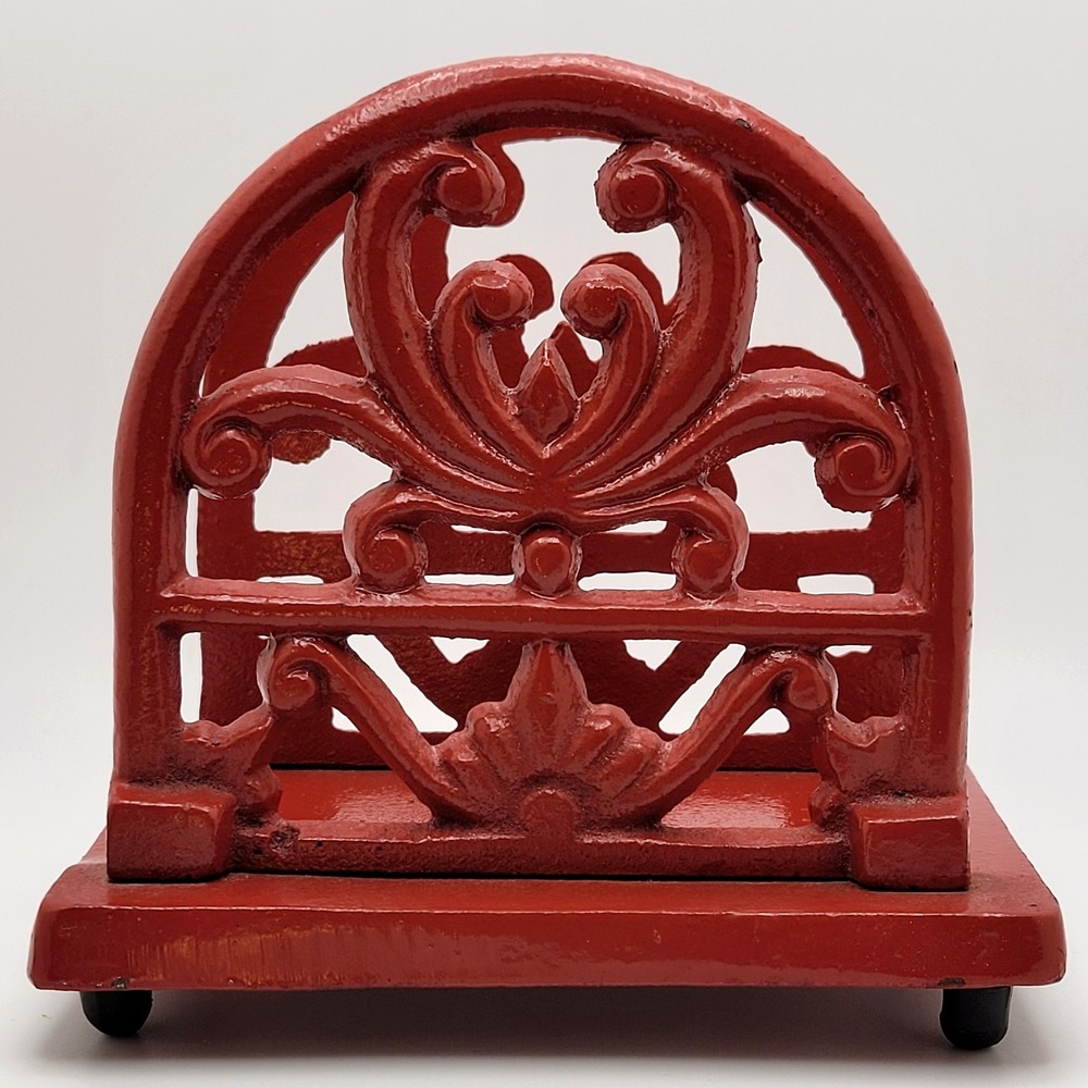 Vintage Red Cast Iron Napkin Holder Scroll Design Letter Organizer Farmhouse